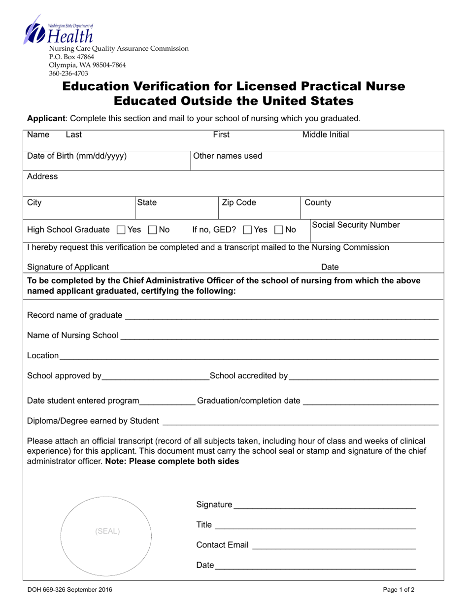 DOH Form 669-326 Education Verification for Licensed Practical Nurse Educated Outside the United States - Washington, Page 1