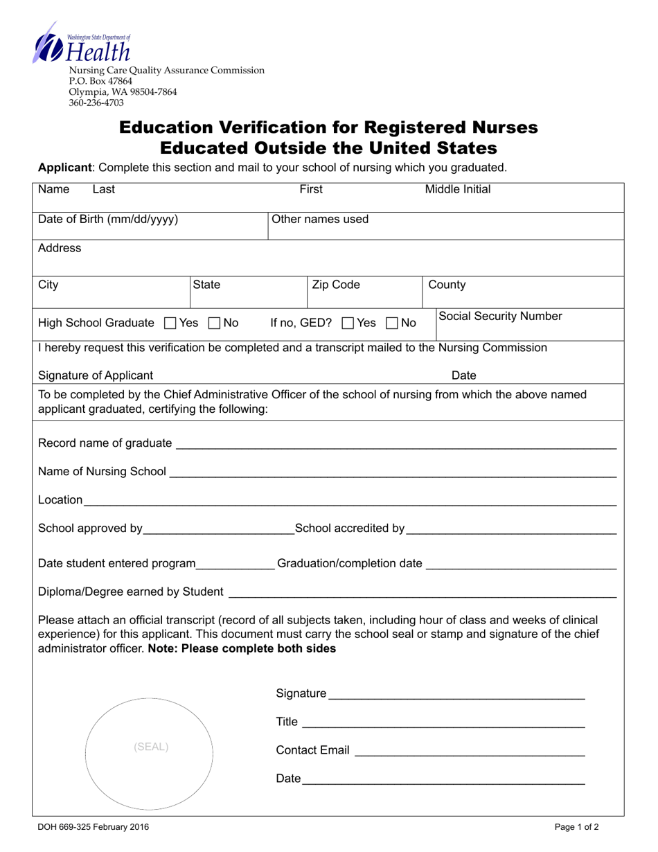 DOH Form 669-325 Education Verification for Registered Nurses Educated Outside the United States - Washington, Page 1