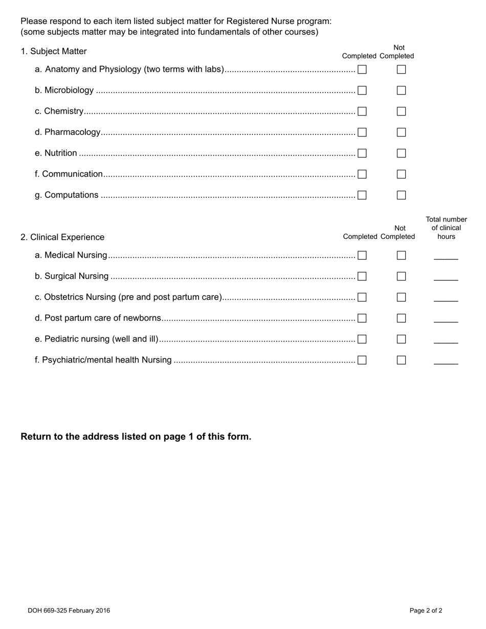 DOH Form 669-325 Education Verification for Registered Nurses Educated Outside the United States - Washington, Page 2