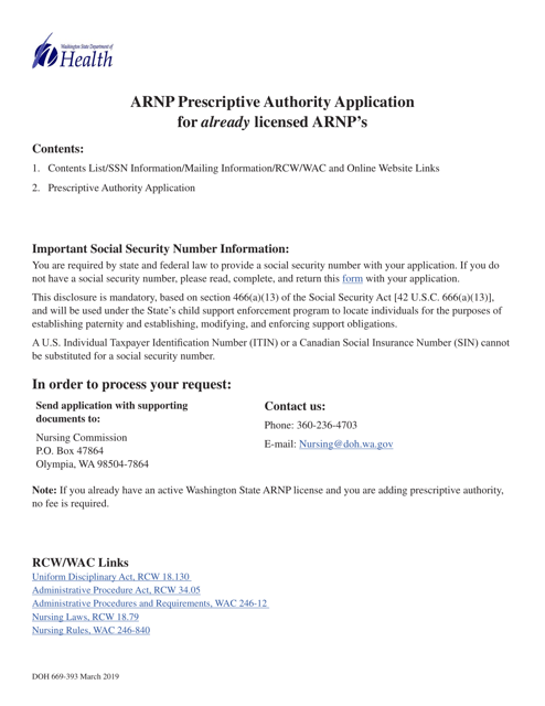 DOH Form 669-395 Arnp Prescriptive Authority Application for Already Licensed Arnp's - Washington