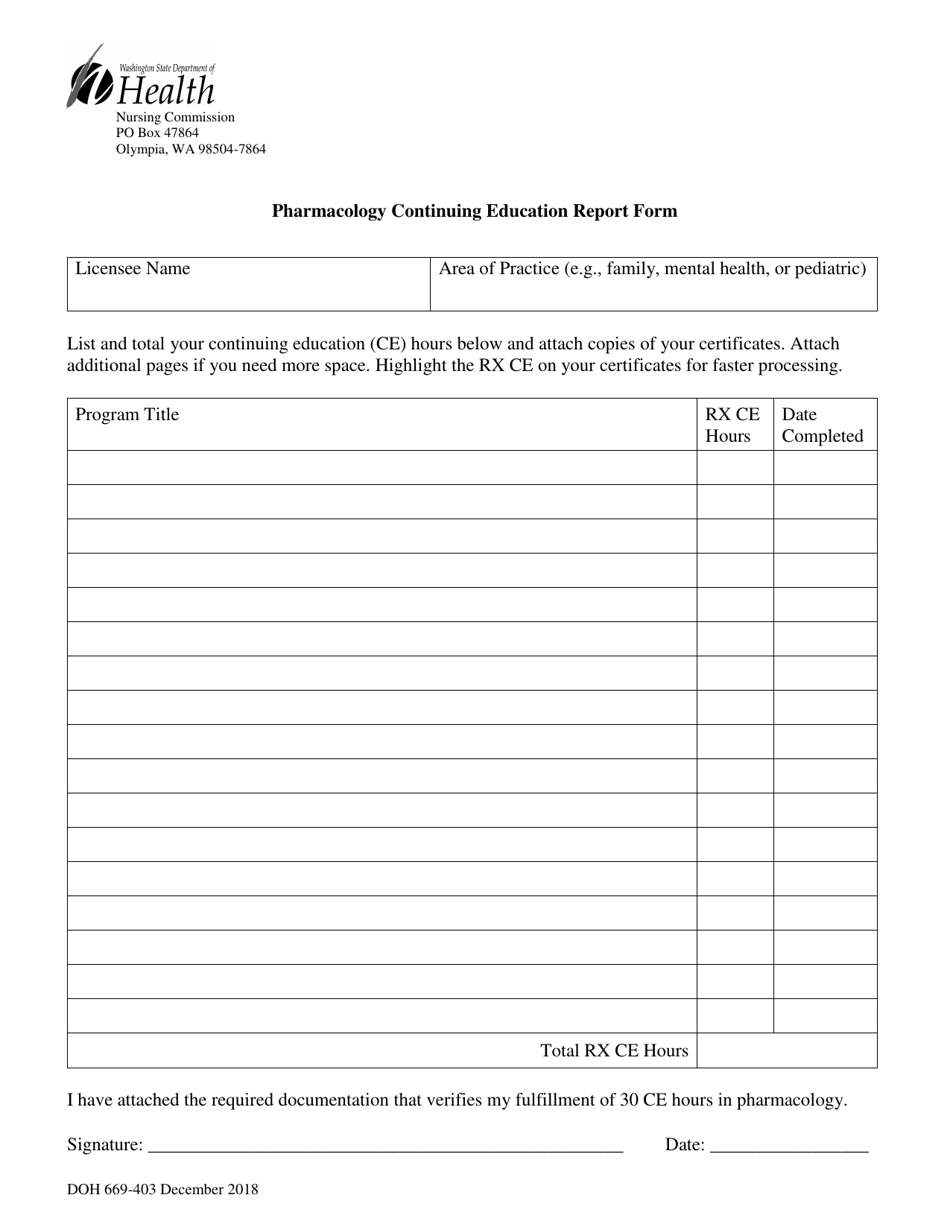 DOH Form 669-403 Pharmacology Continuing Education Report Form - Washington, Page 1