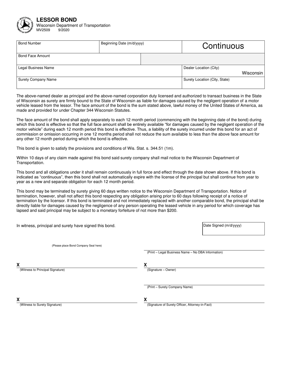 Form MV2509 Lessor Bond - Wisconsin, Page 1