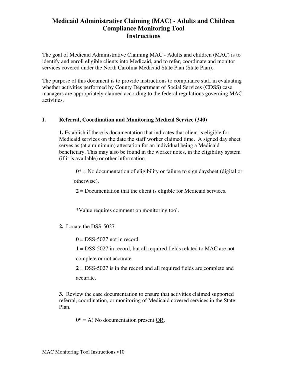 Instructions for Medicaid Administrative Claiming (Mac) - Adults and Children Compliance Monitoring Tool - North Carolina, Page 1