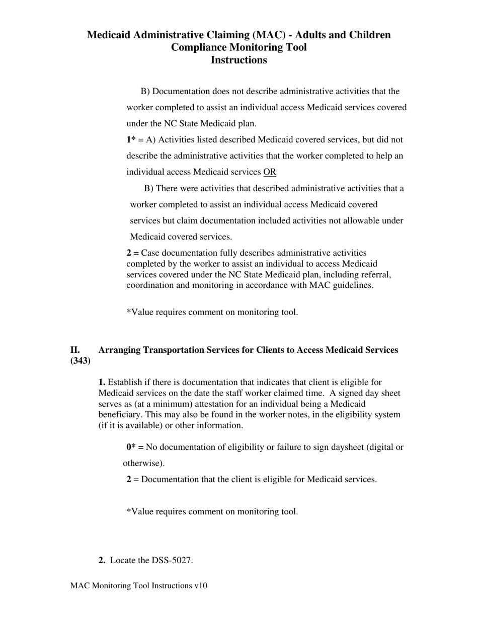 Instructions for Medicaid Administrative Claiming (Mac) - Adults and Children Compliance Monitoring Tool - North Carolina, Page 2