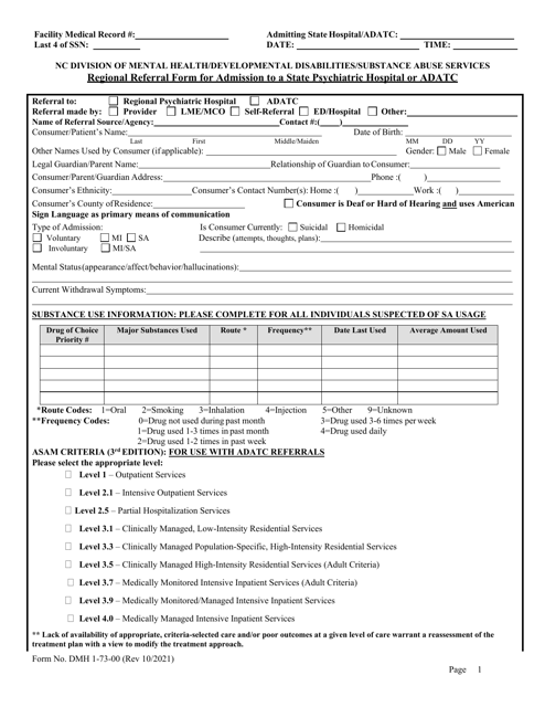 Form DMH1-73-00 Regional Referral Form for Admission to a State Psychiatric Hospital or Adatc - North Carolina