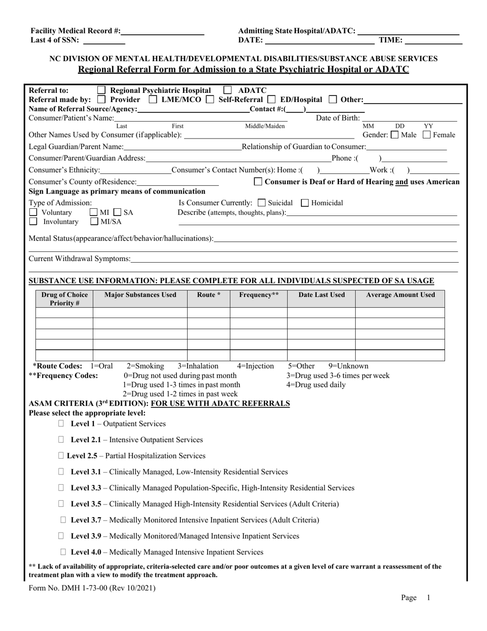 Form DMH1-73-00 Regional Referral Form for Admission to a State Psychiatric Hospital or Adatc - North Carolina, Page 1