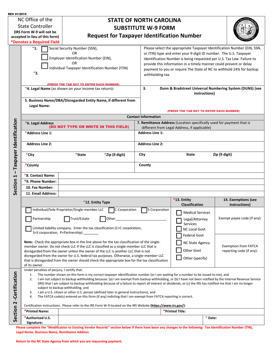Substitute W-9 Form - Request for Taxpayer Identification Number - North Carolina, Page 1