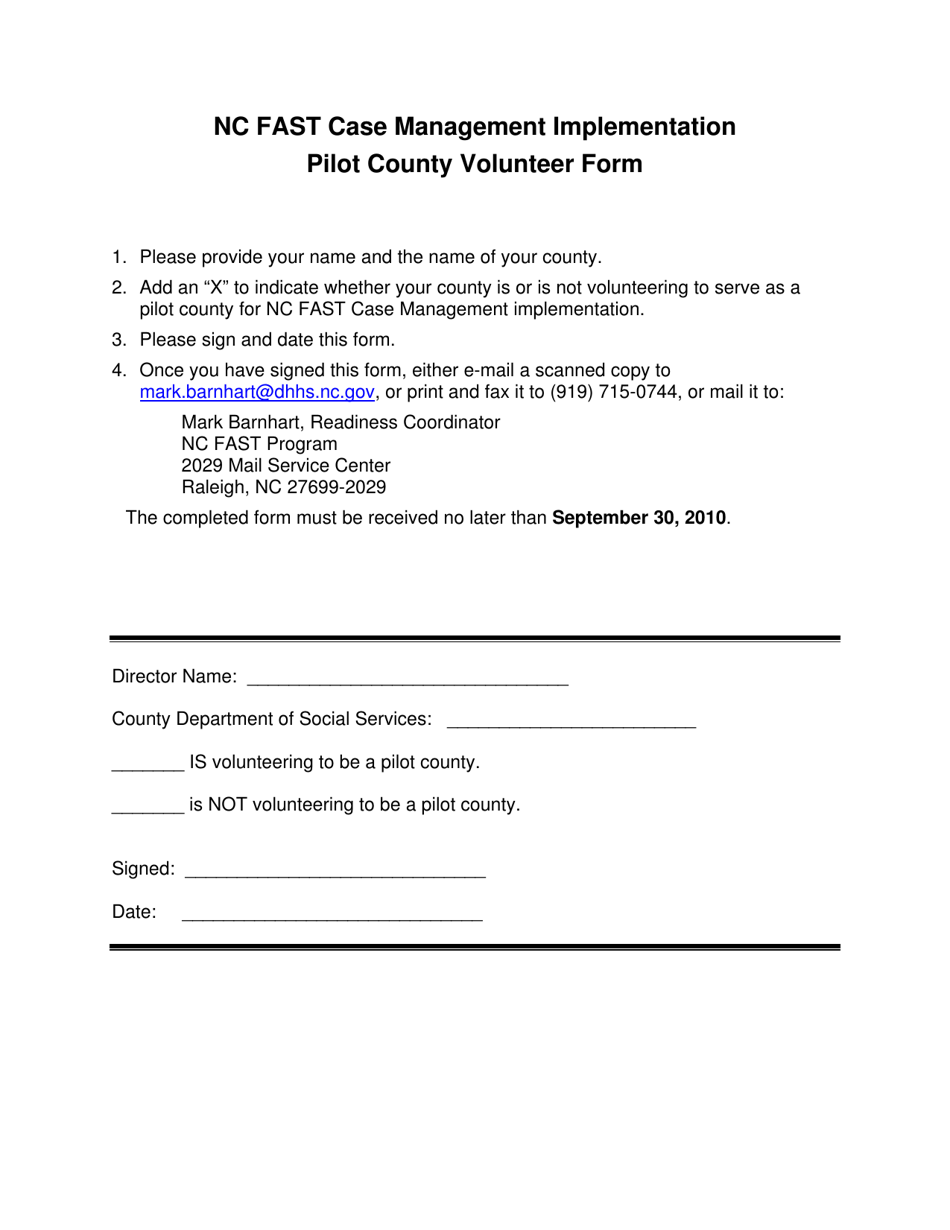 Nc Fast Case Management Implementation Pilot County Volunteer Form - North Carolina, Page 1