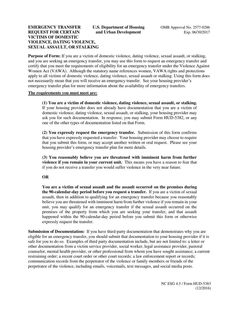 Form HUD-5383 Emergency Transfer Request for Certain Victims of Domestic Violence, Dating Violence, Sexual Assault, or Stalking, Page 1