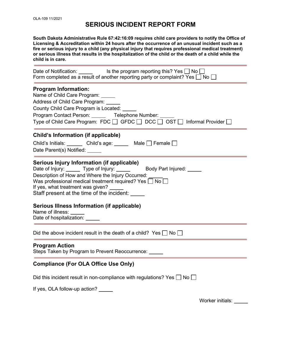 Form OLA-109 Serious Incident Report Form - South Dakota, Page 1