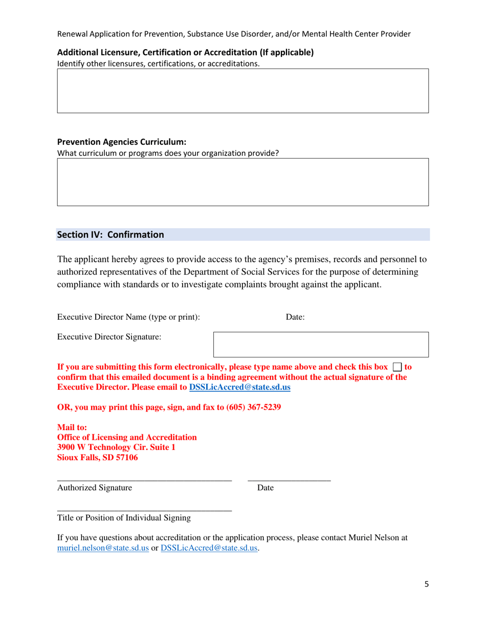 Renewal Application for Prevention, Substance Use Disorder, and / or Mental Health Services - South Dakota, Page 5
