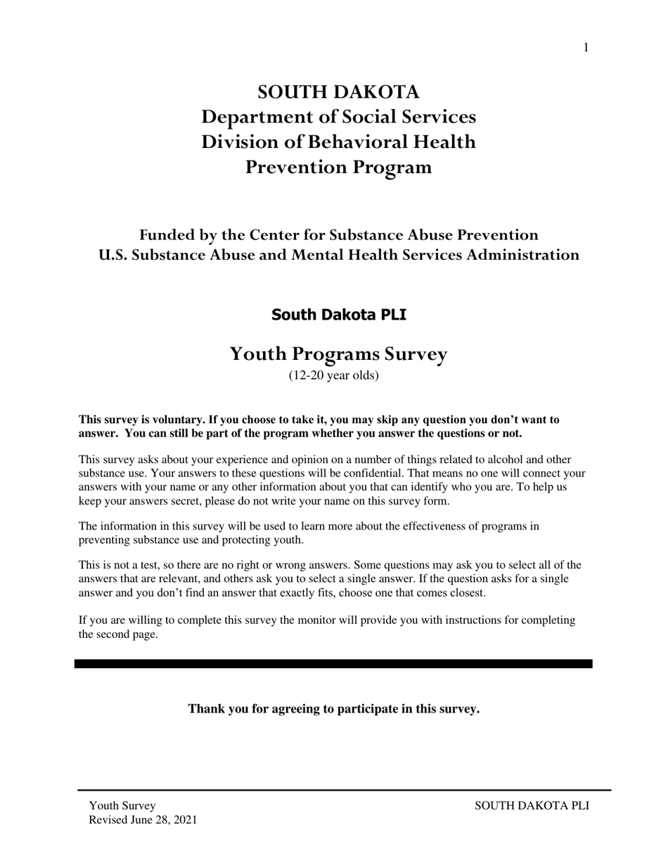 Participant Level Instrument - South Dakota, Page 1