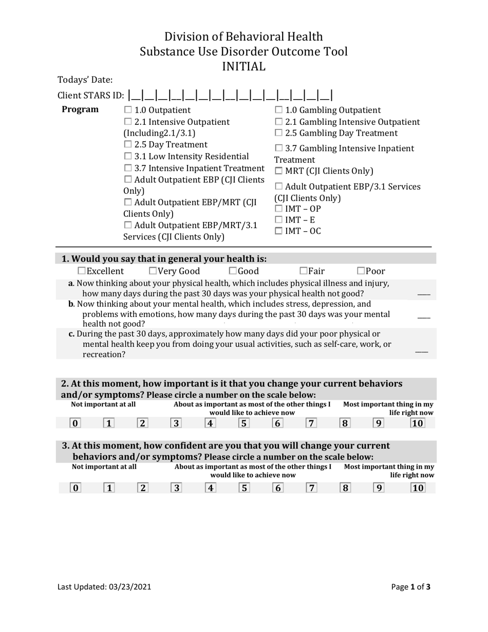 Substance Use Disorder Outcome Tool - Initial - South Dakota, Page 1