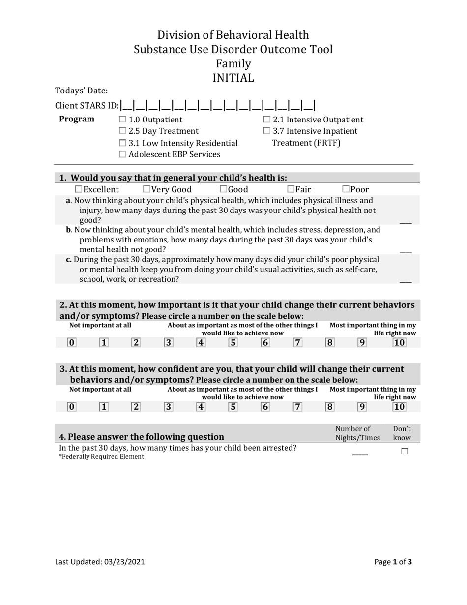 South Dakota Family Substance Use Disorder Inicial Outcome Tool - Fill ...