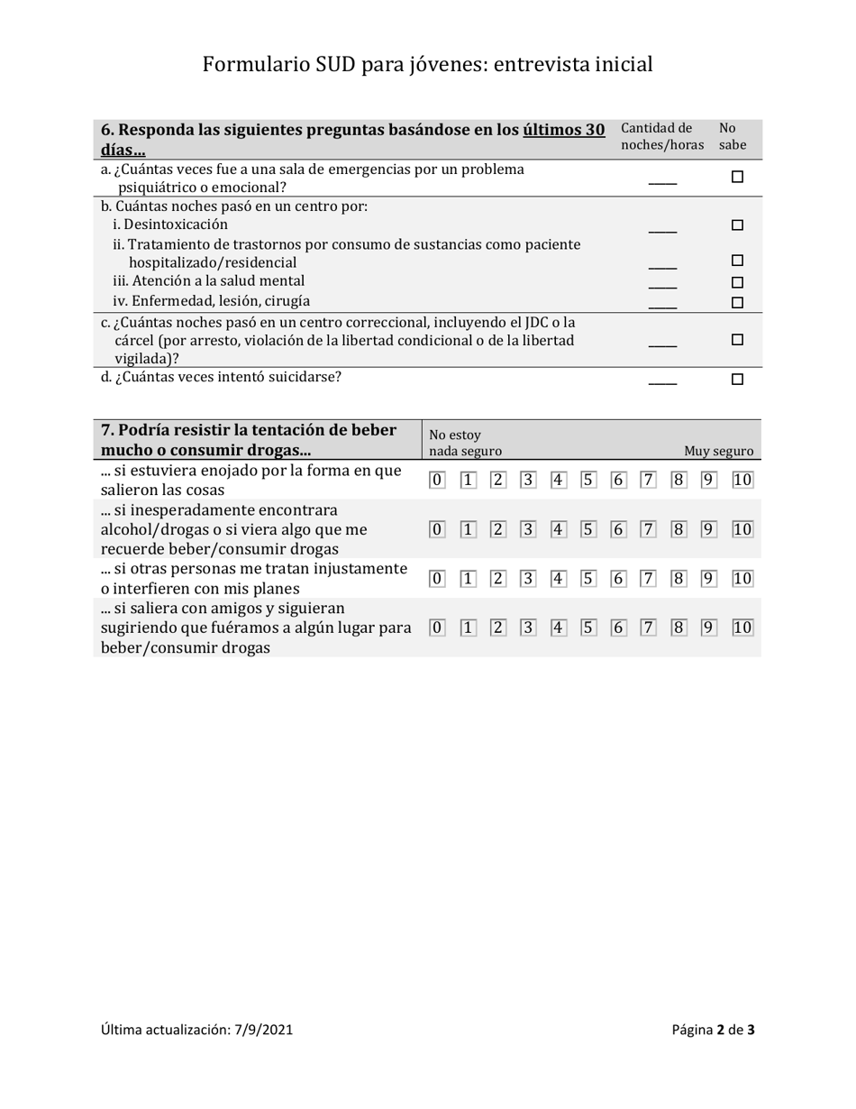 Herramienta De Resultados De Los Trastornos Por Consumo De Sustancias - Jovenes Entrevista Inicial - South Dakota (Spanish), Page 2