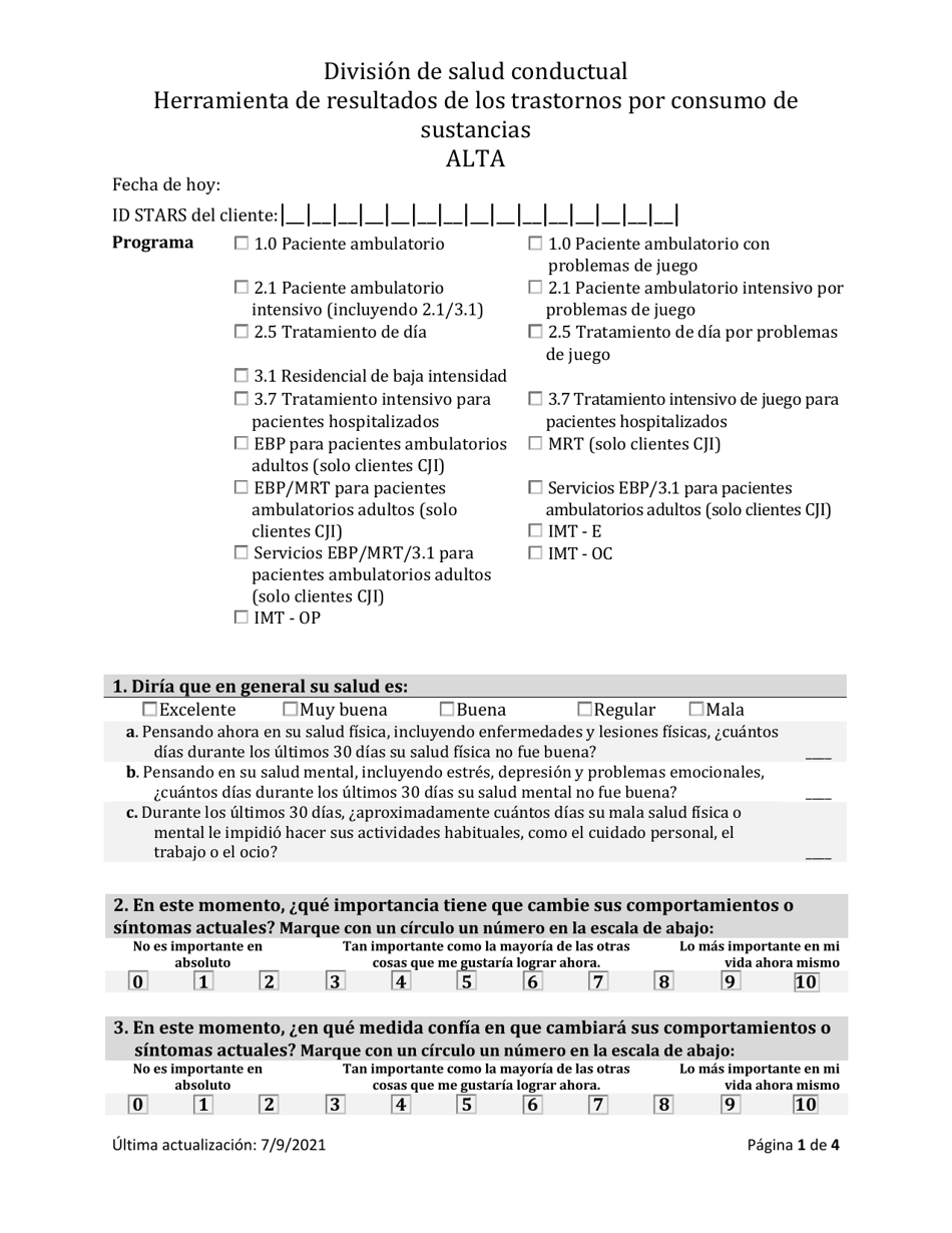 Herramienta De Resultados De Los Trastornos Por Consumo De Sustancias - Alta - South Dakota (Spanish), Page 1