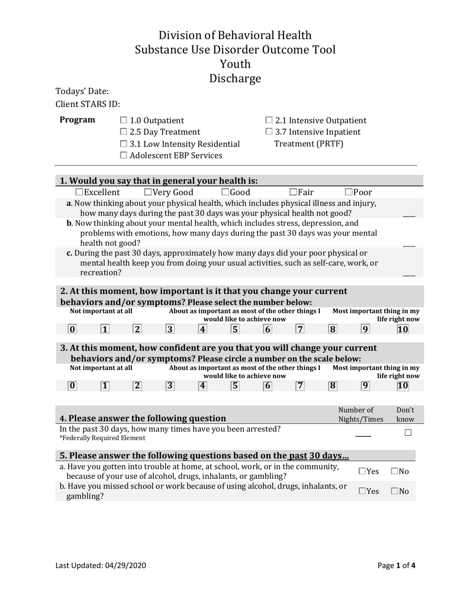 Youth Substance Use Disorder Discharge Outcome Tool - South Dakota, Page 1
