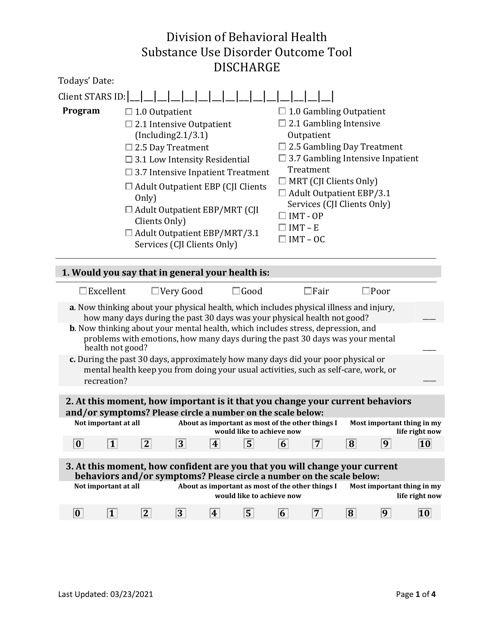 Adult Substance Use Disorder Discharge Outcome Tool - South Dakota Download Pdf