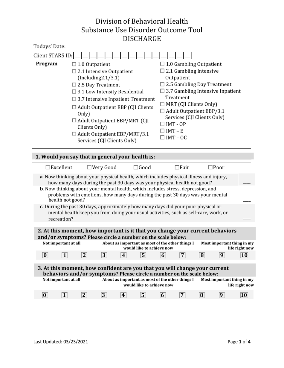 Adult Substance Use Disorder Discharge Outcome Tool - South Dakota, Page 1