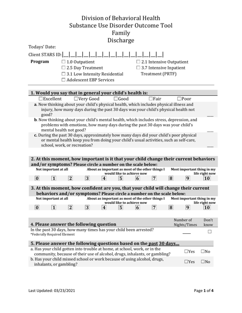 Family Substance Use Disorder Discharge Outcome Tool - South Dakota Download Pdf