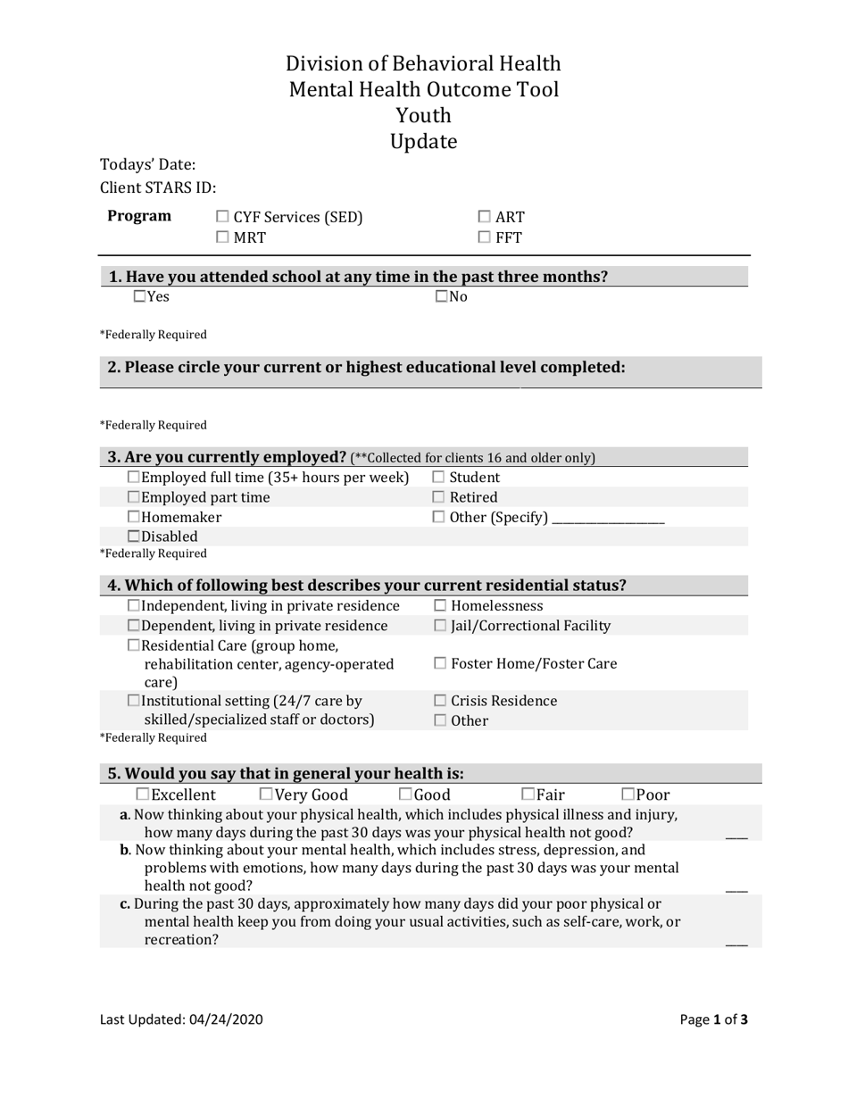 Youth Mental Health Update Outcome Tool - South Dakota, Page 1