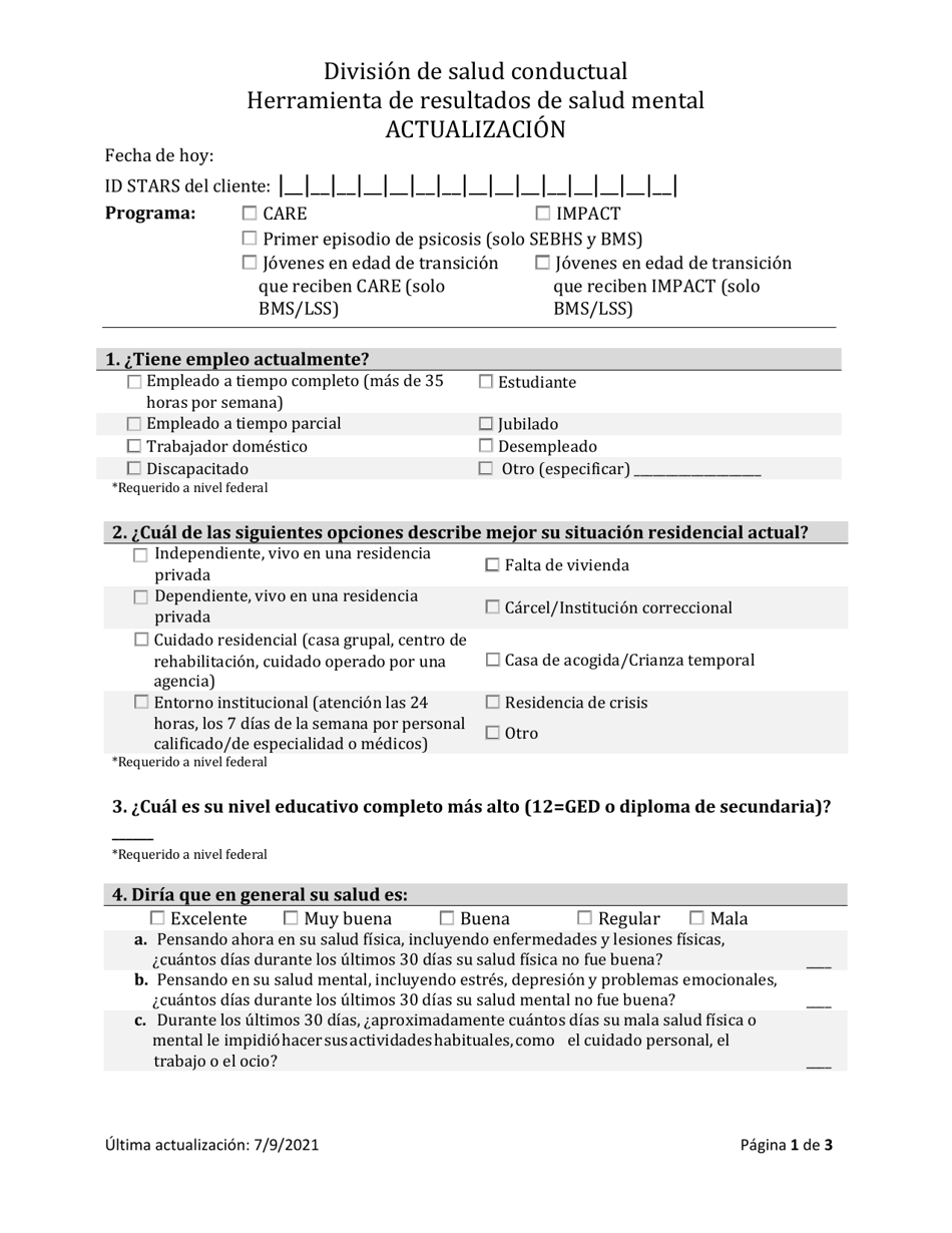 Herramienta De Resultados De Salud Mental Para Adultos - Actualizacion - South Dakota (Spanish), Page 1