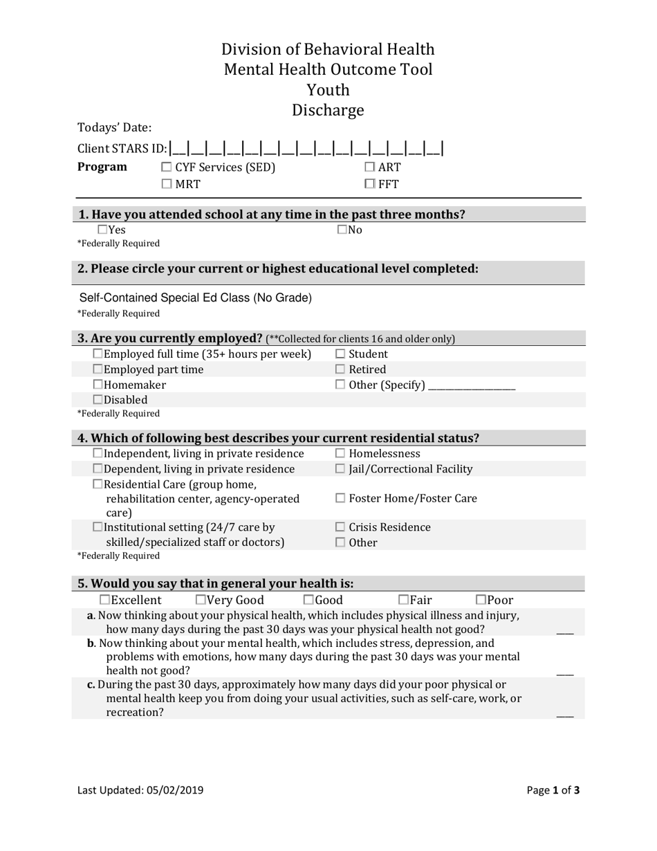 Youth Mental Health Discharge Outcome Tool - South Dakota, Page 1
