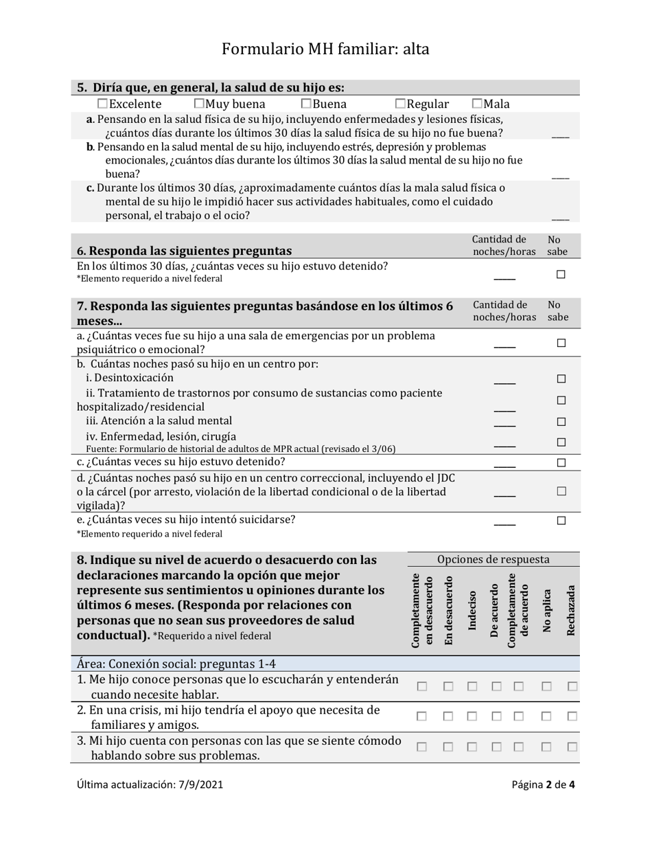 Herramienta De Resultados De Salud Mental - Familia Alta - South Dakota (Spanish), Page 2