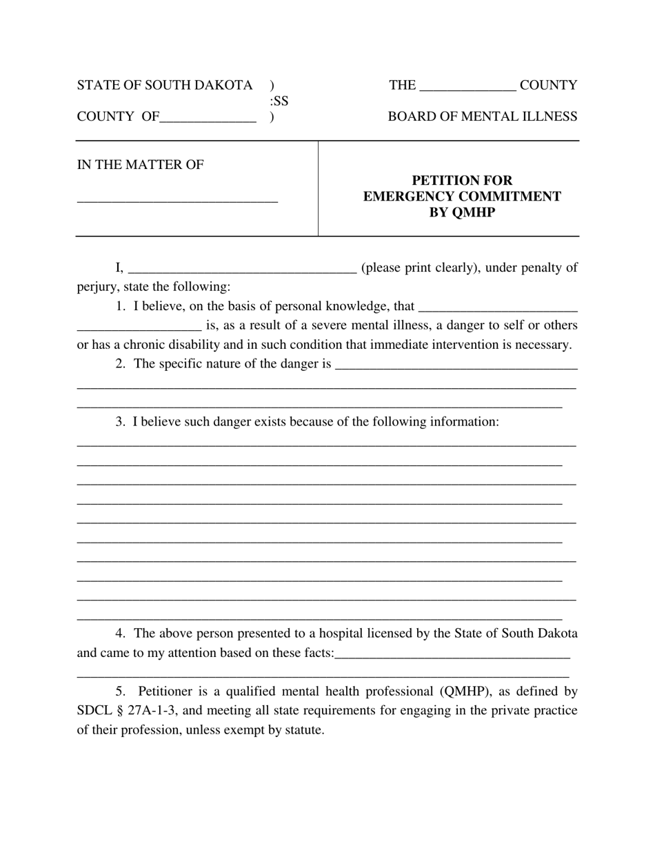 Petition for Emergency Commitment by Qmhp - South Dakota, Page 1