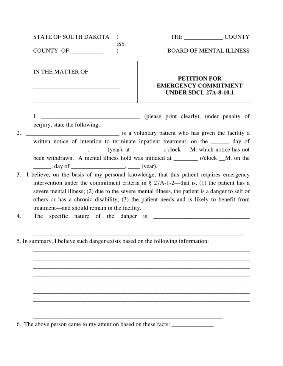Petition for Emergency Commitment Under Sdcl 27a-8-10.1 - South Dakota, Page 1