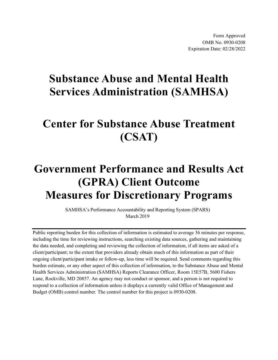 Government Performance and Results Act (Gpra) Client Outcome Measures for Discretionary Programs, Page 1