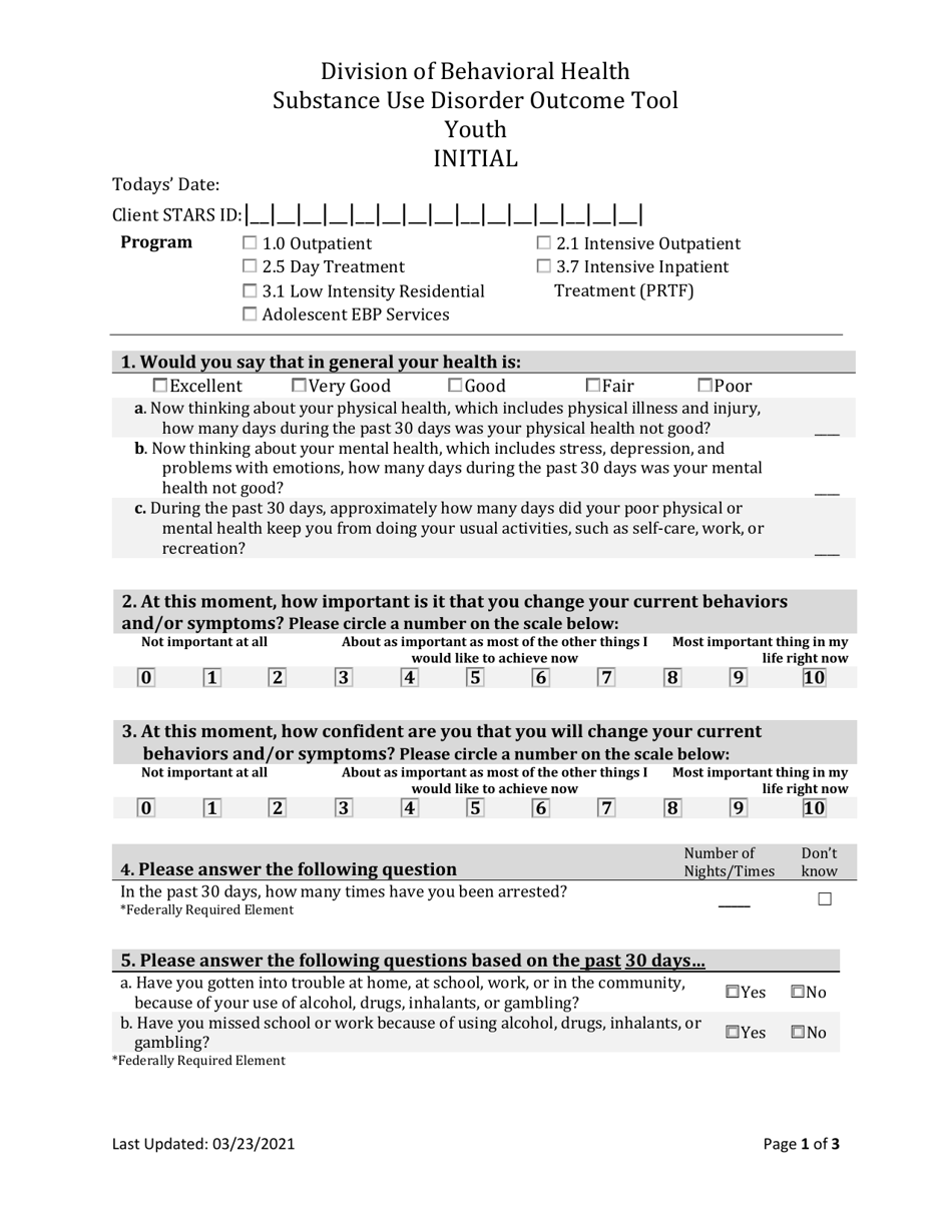 Youth Substance Use Disorder Initial Outcome Tool - South Dakota, Page 1