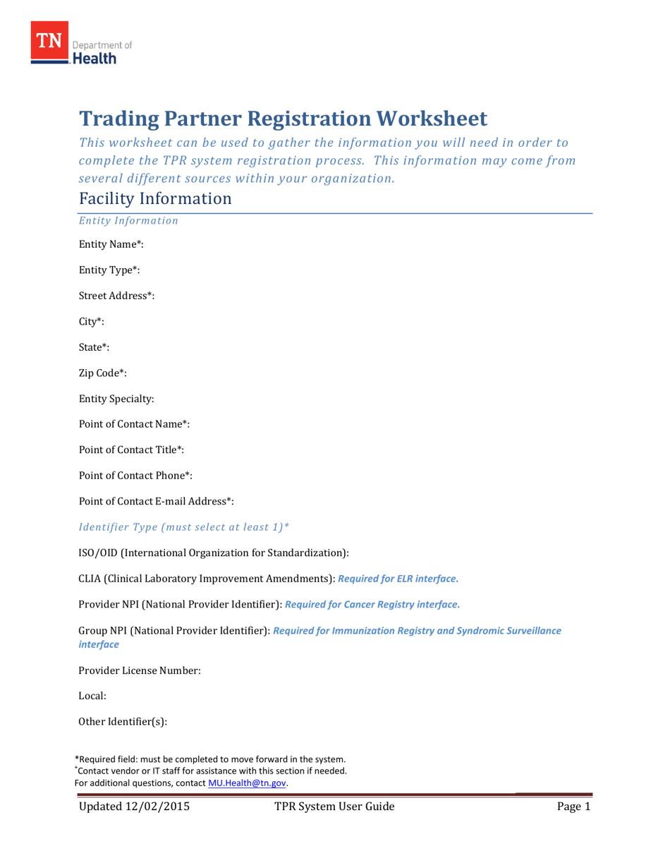 Trading Partner Registration Worksheet - Tennessee, Page 1
