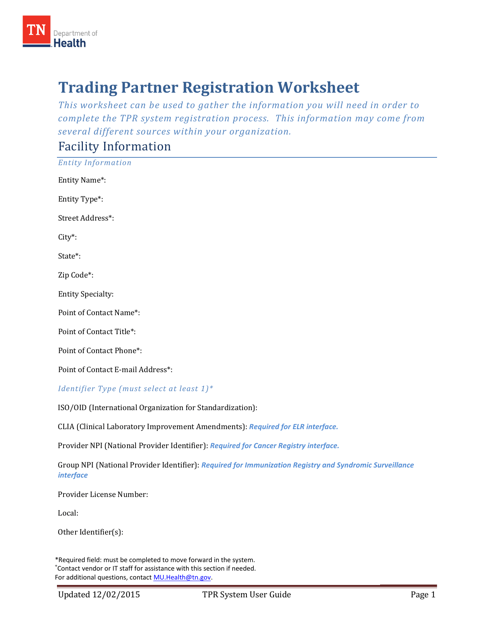 Trading Partner Registration Worksheet - Tennessee Download Pdf