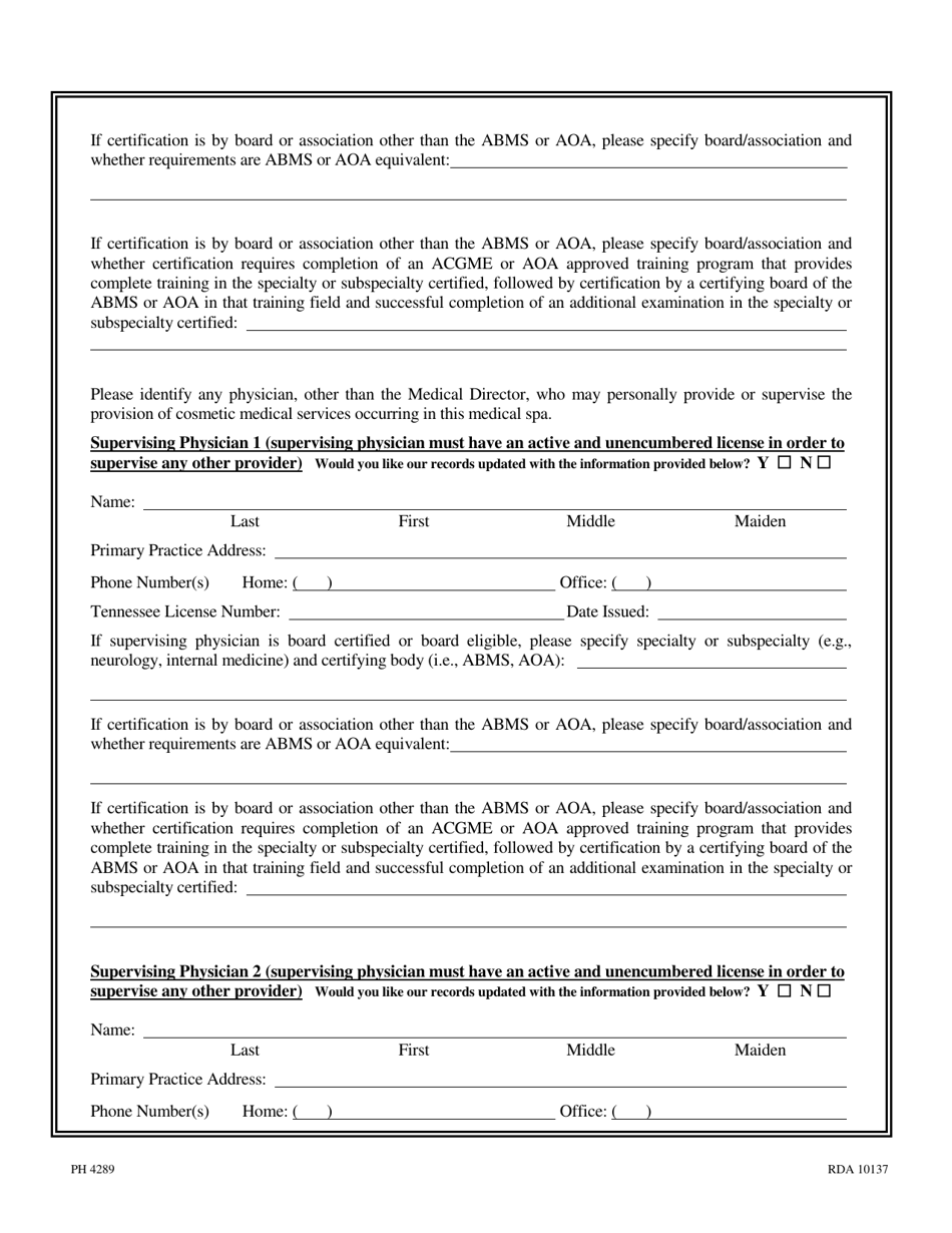 Form PH4289 Application for Registration of Medical Spa - Tennessee, Page 4