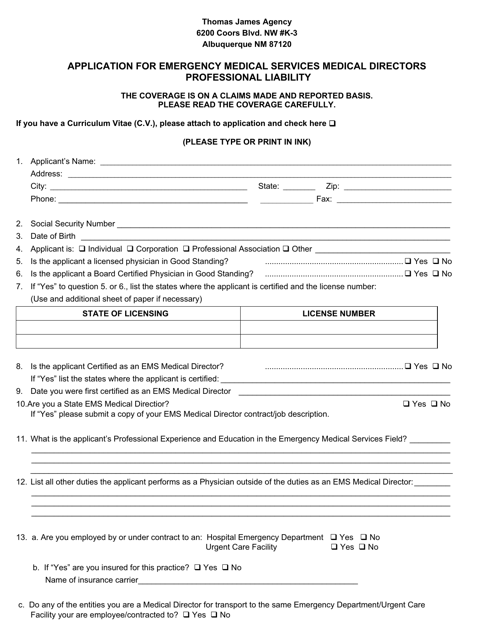 Application for Emergency Medical Services Medical Directors Professional Liability - Tennessee Download Pdf