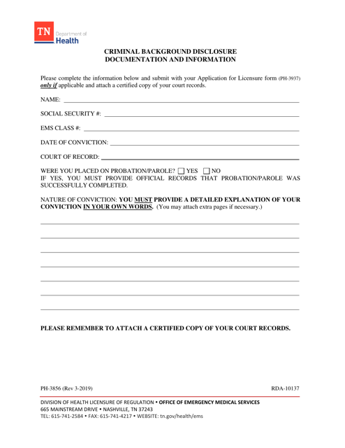 Form PH-3856 Criminal Background Disclosure Documentation and Information - Tennessee