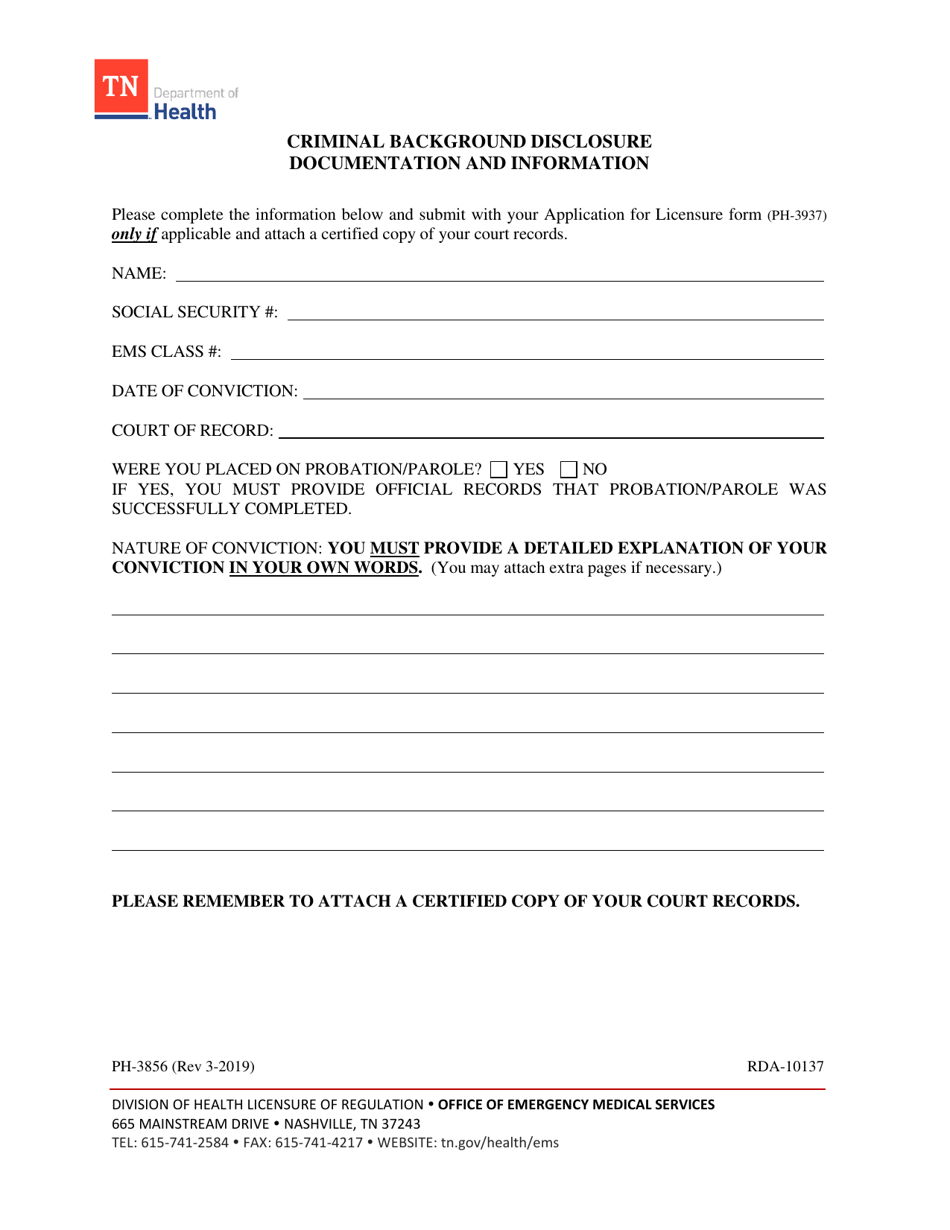 Form PH-3856 Criminal Background Disclosure Documentation and Information - Tennessee, Page 1