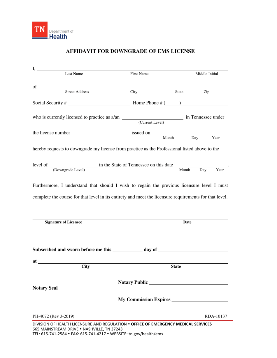 Form PH-4072 Affidavit for Downgrade of EMS License - Tennessee, Page 1