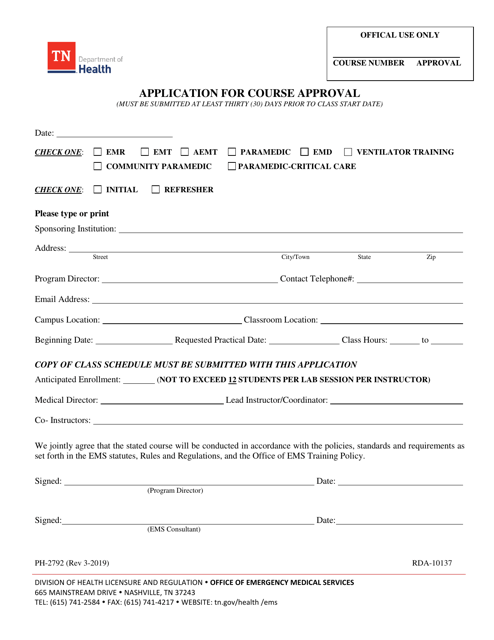 Form PH-2792 Application for Course Approval - Tennessee