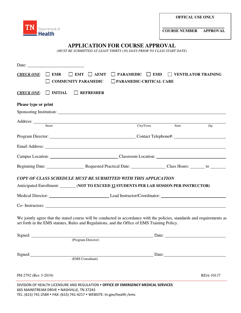 Form PH-2792 Application for Course Approval - Tennessee, Page 1