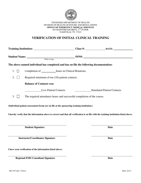 Form PH3787 Verification of Initial Clinical Training - Tennessee