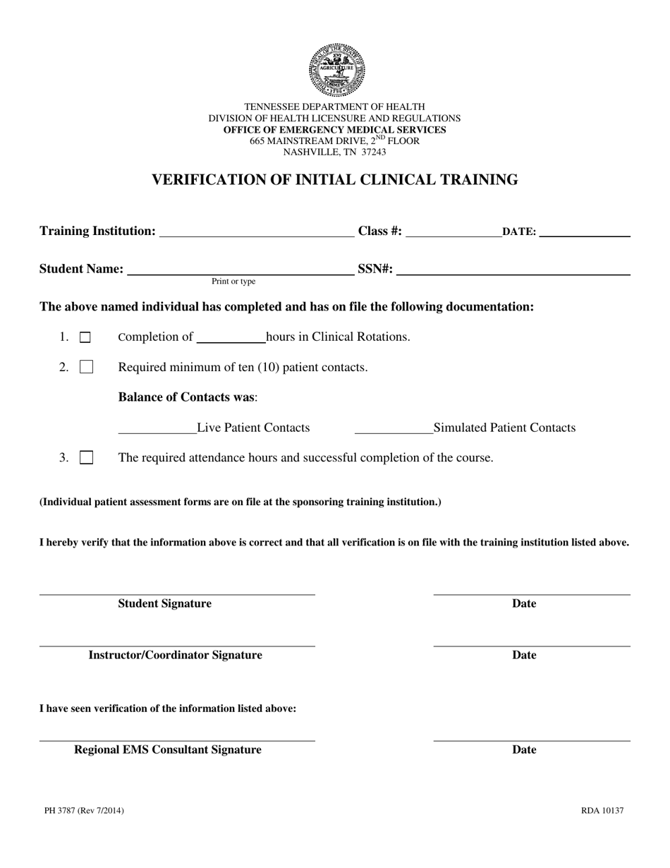 Form PH3787 Verification of Initial Clinical Training - Tennessee, Page 1