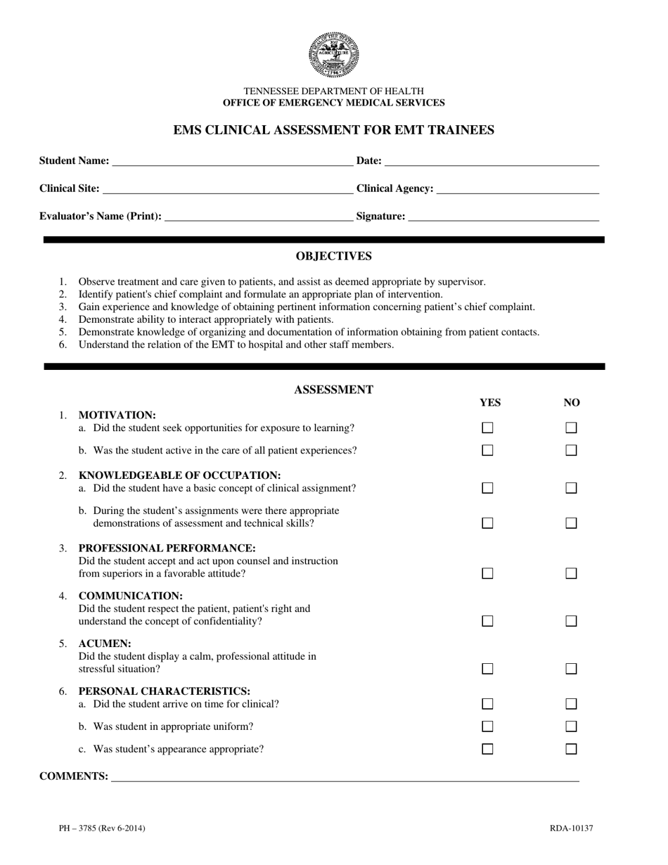 Form PH-3785 EMS Clinical Assessment for Emt Trainees - Tennessee, Page 1
