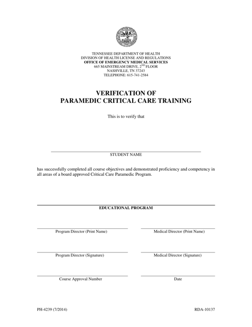 Form PH-4239 Verification of Paramedic Critical Care Training - Tennessee