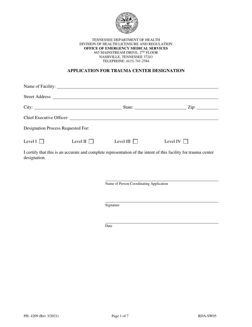 Form PH-4209 Application for Trauma Center Designation - Tennessee