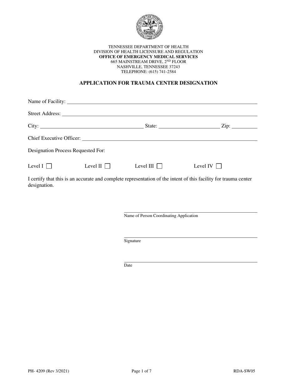 Form PH-4209 Application for Trauma Center Designation - Tennessee, Page 1