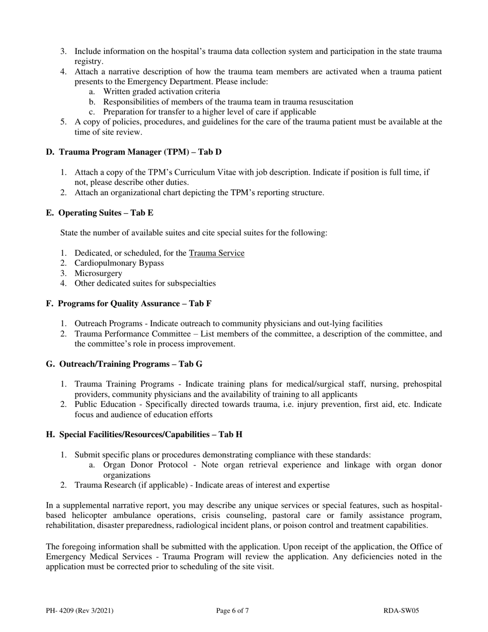 Form PH-4209 Application for Trauma Center Designation - Tennessee, Page 6
