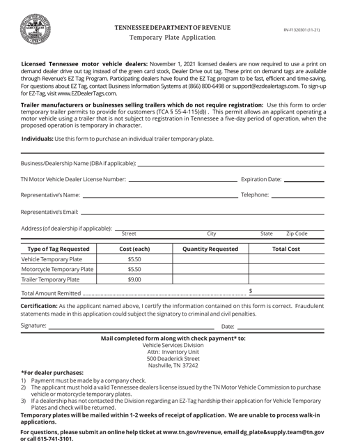 Form RV-F1320301 Temporary Plate Application - Tennessee