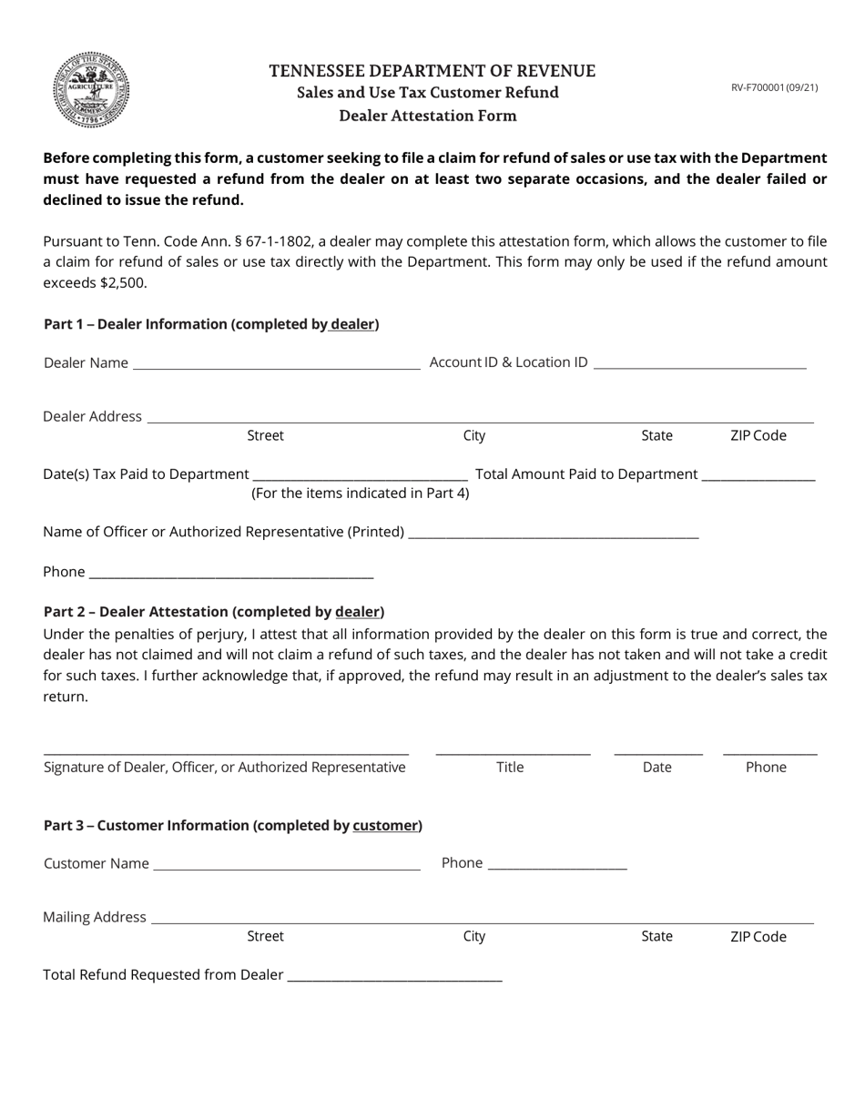 Form RV-F700001 Sales and Use Tax Customer Refund - Dealer Attestation Form - Tennessee, Page 1